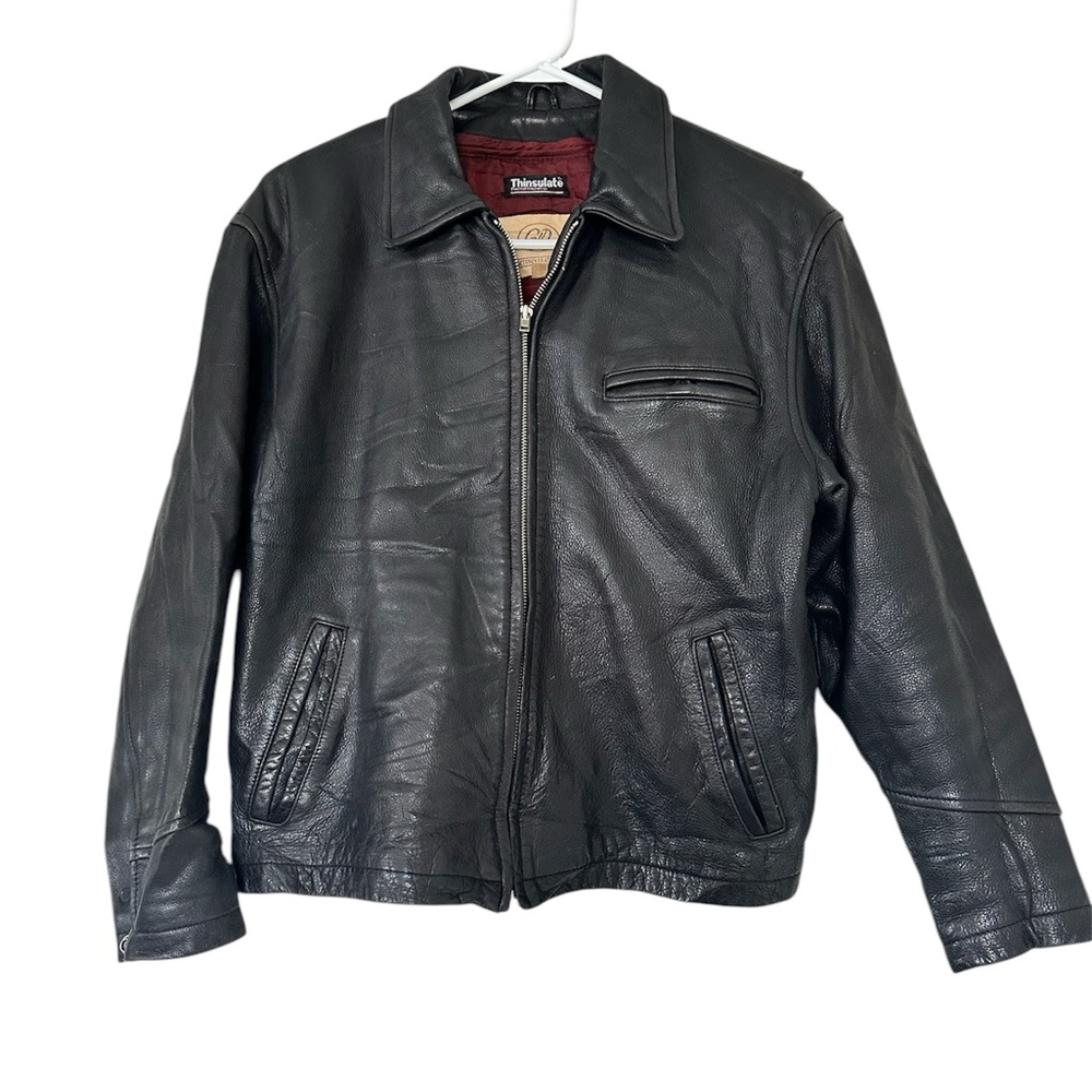 Thinsulate Georgetown Leather Design Black Genuine Real Leather Jacket Medium